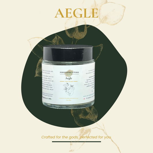 Aegle Face Mask product packaging in a clear glass jar with a black lid, labeled with the brand name and product details, presented on a background with a leafy design.