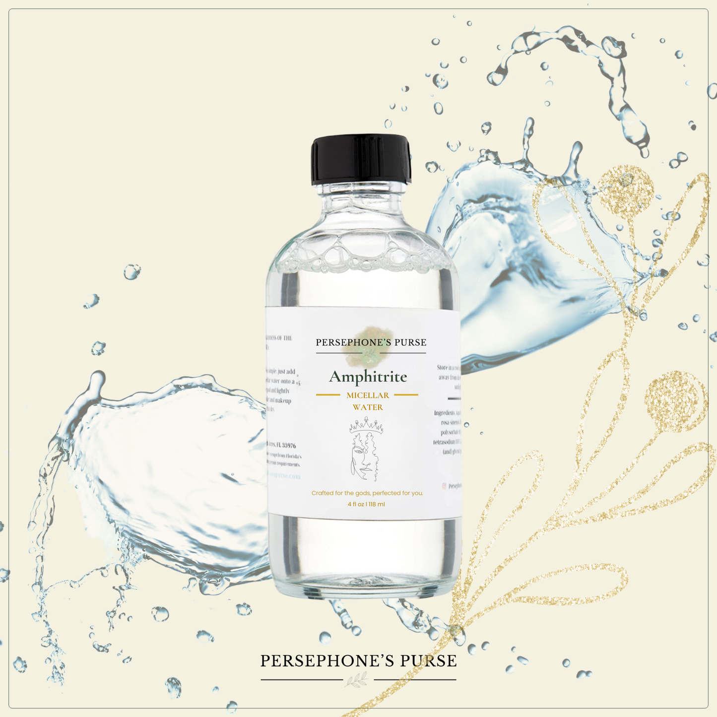 Bottle of Persephone's Purse micellar water with water droplets and floral elements on a beige background