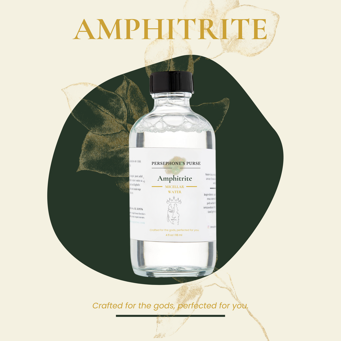 A clear bottle labeled 'Amphitrite Micellar Water' with text 'Crafted for the gods, perfected for you.' against a green leafy background.
