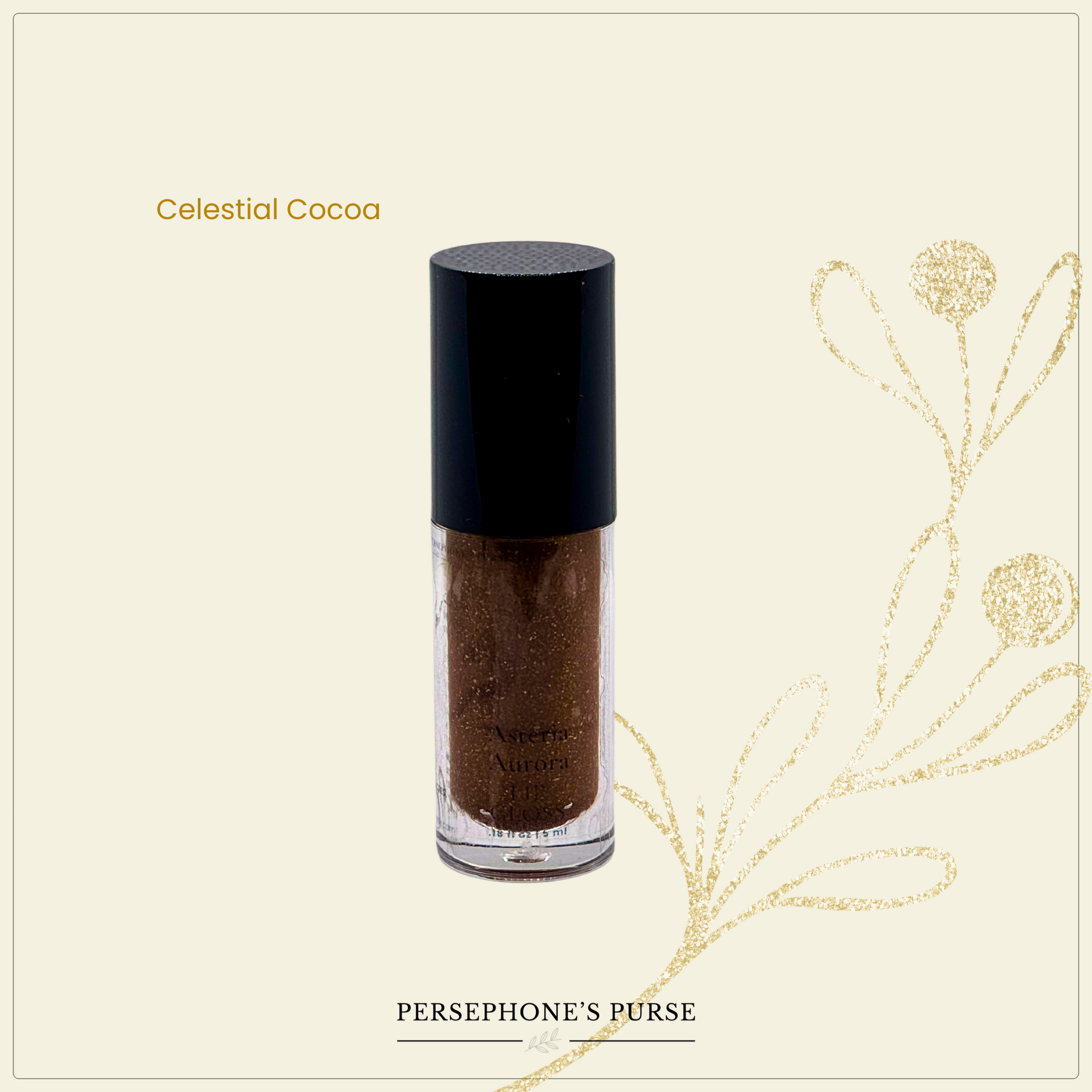 A variety of lip gloss shades displayed in twin tubes with the brand logo 'Hedone' and an additional product bag with a golden liquid inside, labeled 'Crafted for the Gods, Perfected for You.' The background has a green circular pattern with leaf accents.