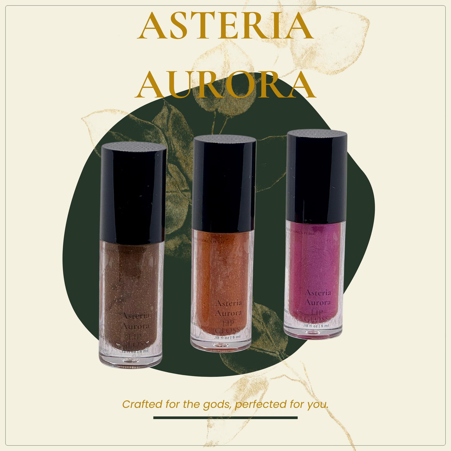 Three tubes of Asteria Aurora lip gloss in bronze, cocoa, and pink shades, with a starry background and decorative leaves.