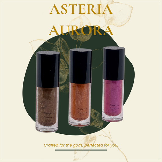Three tubes of Asteria Aurora lip gloss in bronze, cocoa, and pink shades, with a starry background and decorative leaves.