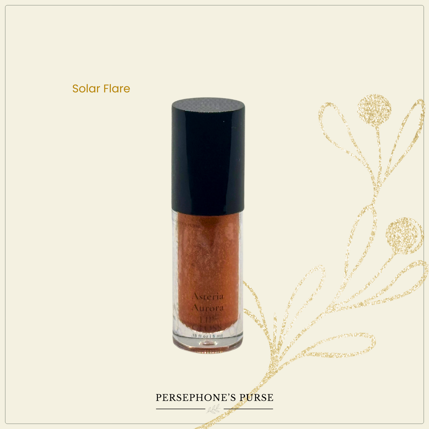 Three tubes of Asteria Aurora lip gloss in bronze, cocoa, and pink shades, with a starry background and decorative leaves.