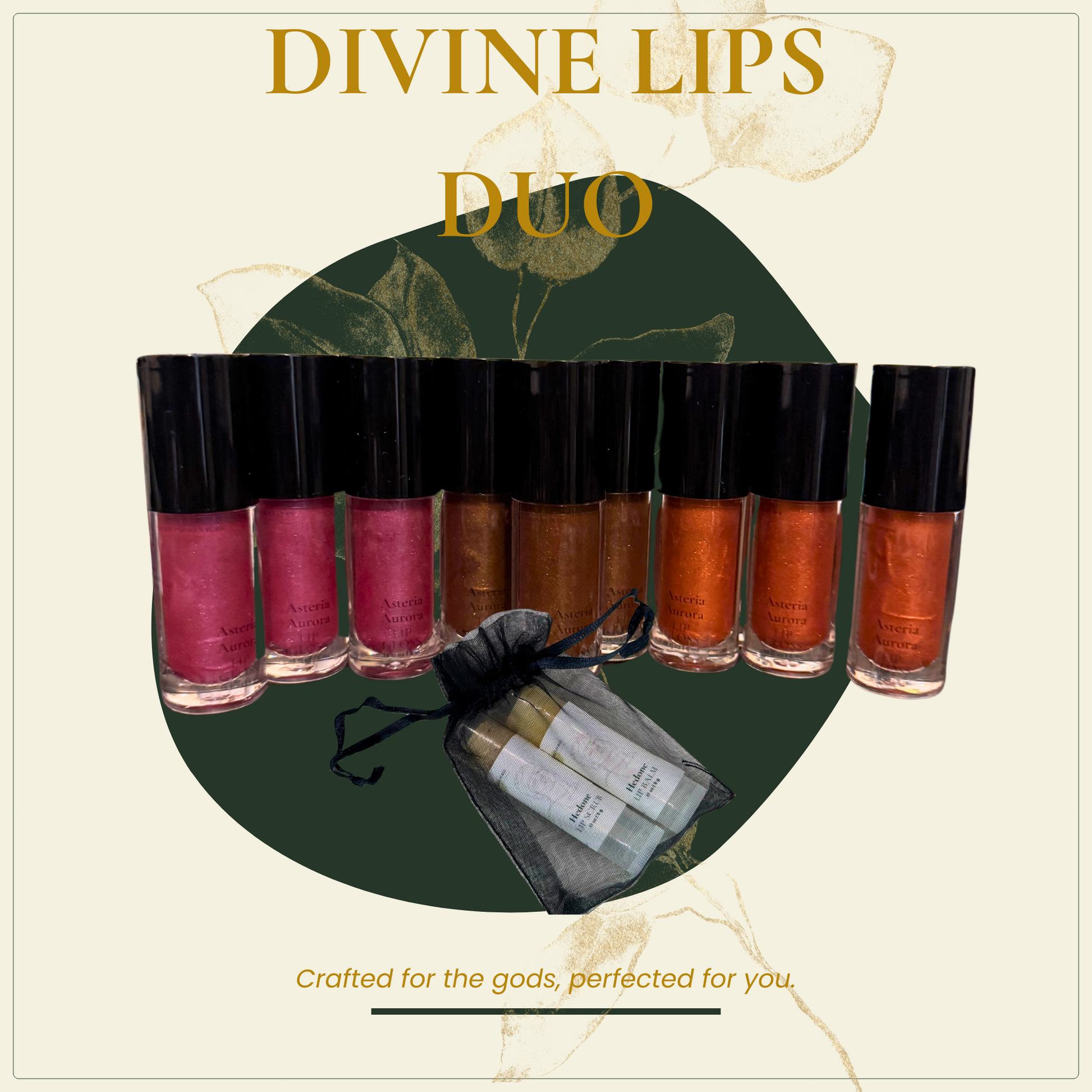A variety of lip gloss shades displayed in twin tubes with the brand logo 'Hedone' and an additional product bag with a golden liquid inside, labeled 'Crafted for the Gods, Perfected for You.' The background has a green circular pattern with leaf accents.