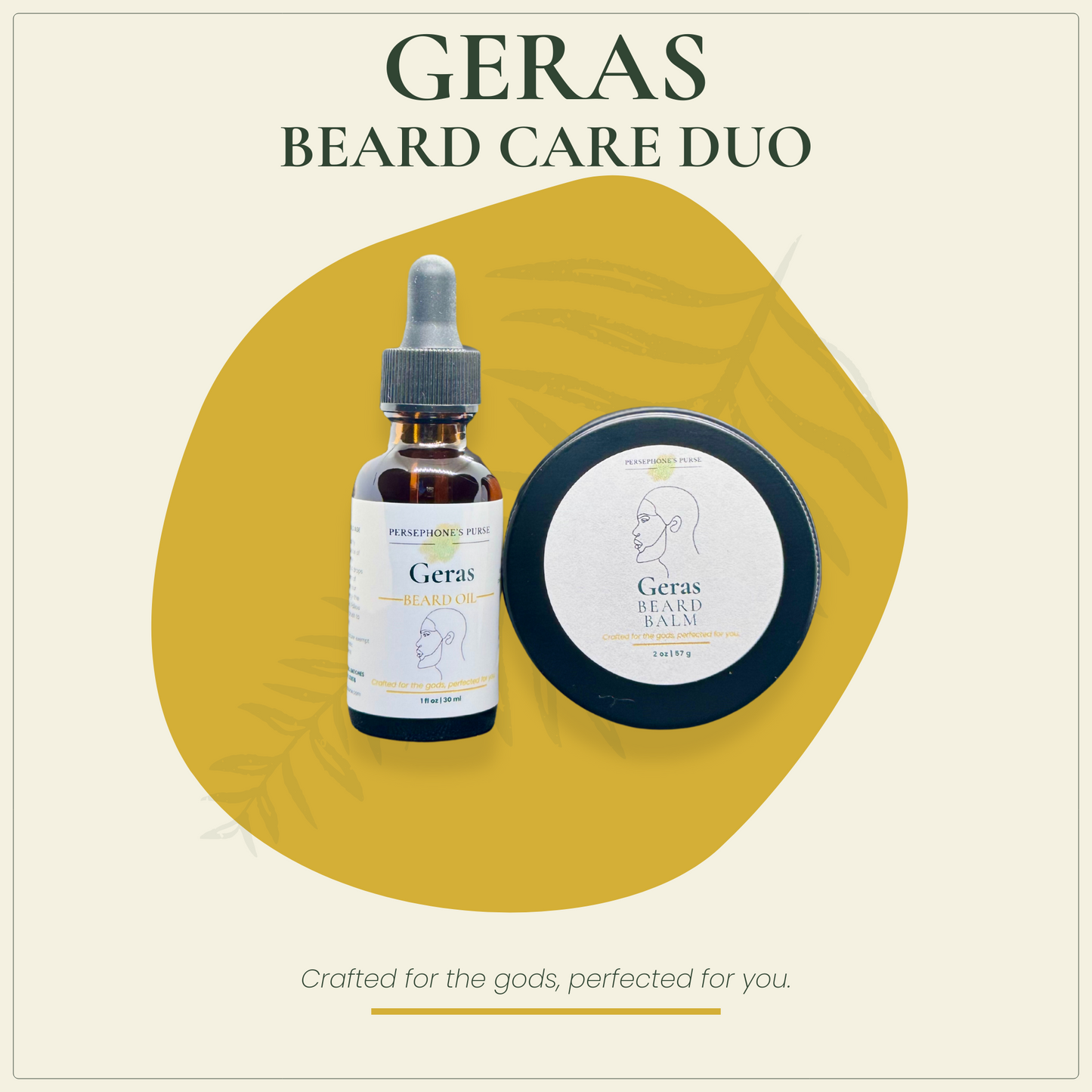 The image features the Geras Beard Care Duo, which includes a beard balm and beard oil in a dropper bottle and a jar, respectively. The packaging has a minimalistic design with a golden background and white labeling.