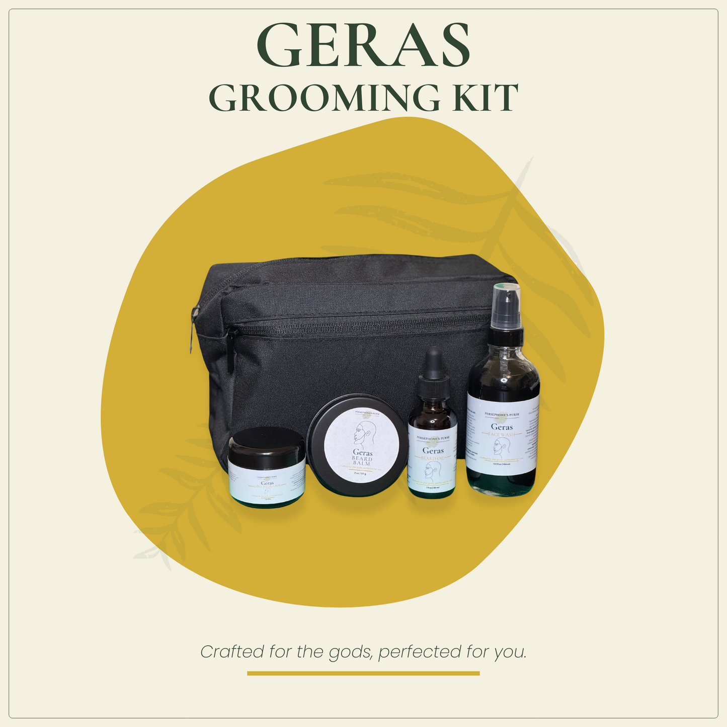 The image features the Geras Grooming Kit which includes a black toiletry bag, a bottle of face wash, a bottle of beard and skin hydrator, a jar of balm, and a bottle of beard oil. The products are displayed in front of a yellow and green background with a circular graphic text that reads 'GerAS Grooming Kit'.