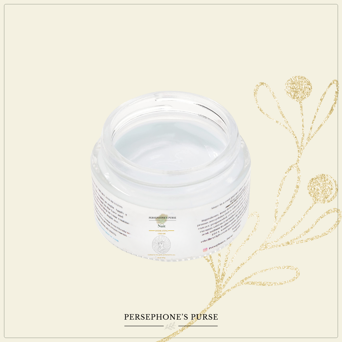 Jar of cream with 'Persephone's Purse' branding on a light background