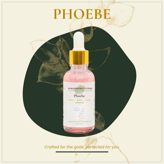 Persephone's Purse Phoebe skincare serum bottle with gold cap on a decorative background