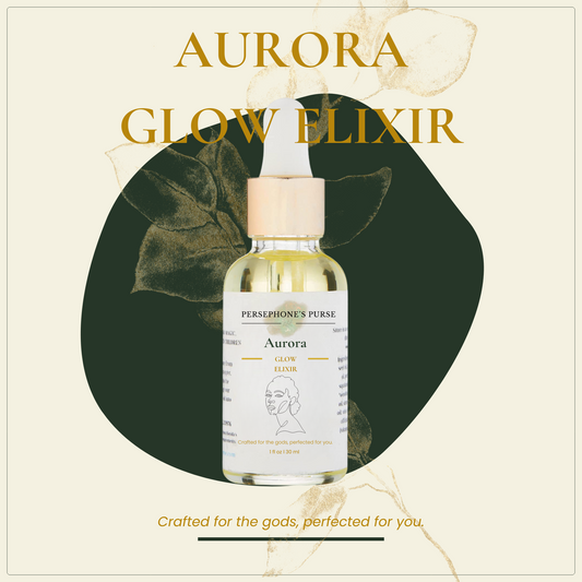 Aurora Glow Elixir bottle with decorative elements on a beige background