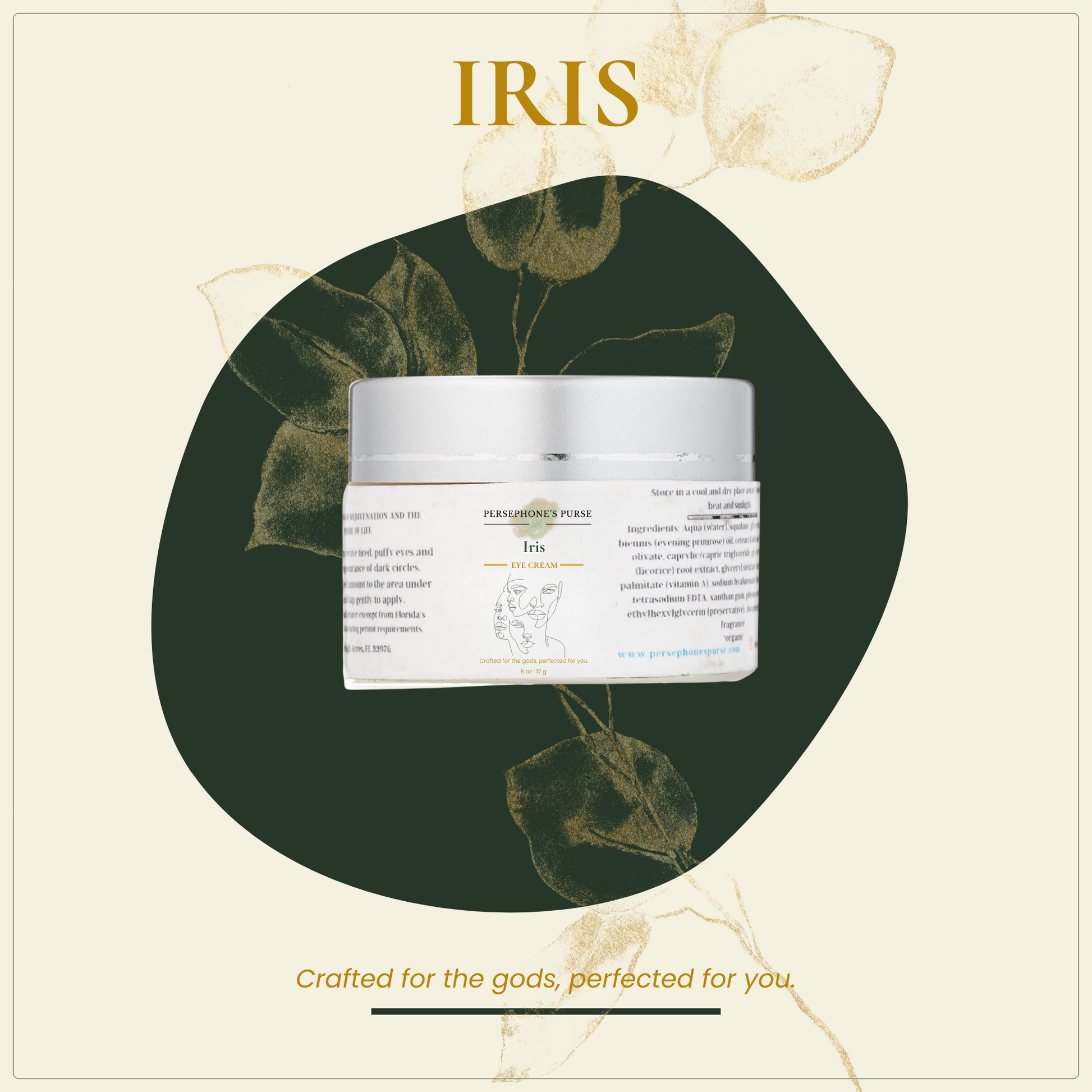 Cosmetic jar with 'IRIS' branding on a decorative background with leaves.