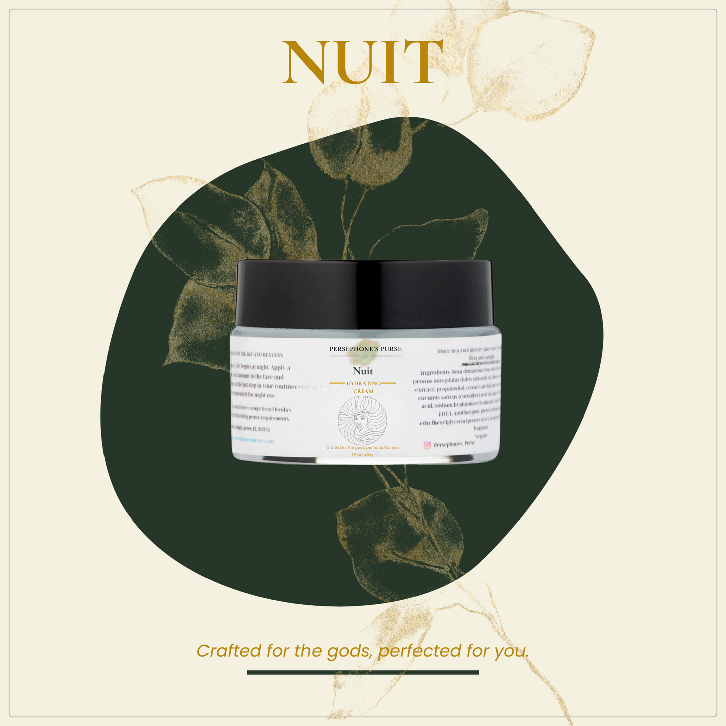 Cosmetic jar with 'NUIT' branding on a decorative background