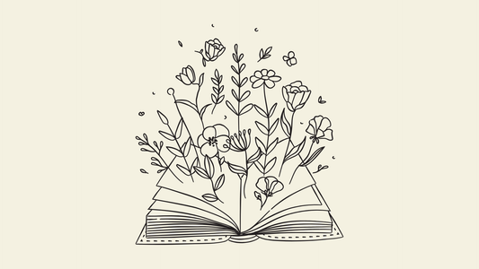Decorative image of an open book with flowers