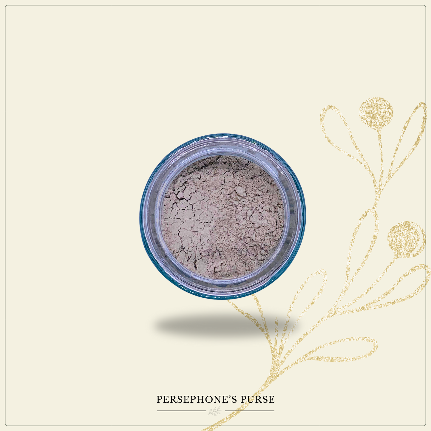 Open jar of Persephone's Purse Aegle Face Mask on decorative background