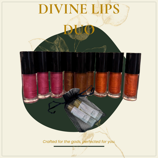 A variety of lip gloss shades displayed in twin tubes with the brand logo 'Hedone' and an additional product bag with a golden liquid inside, labeled 'Crafted for the Gods, Perfected for You.' The background has a green circular pattern with leaf accents.