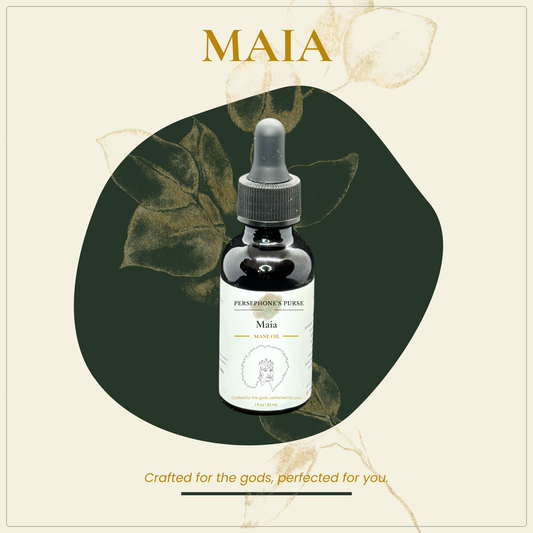 Maia Mane Oil dropper bottle with botanical label, displayed against a dark green abstract background.