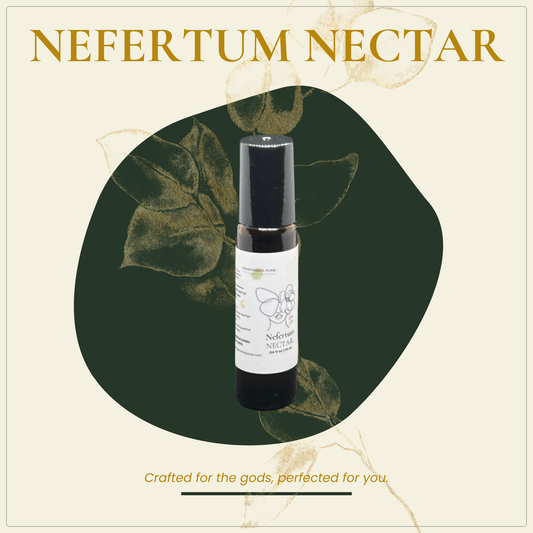 Persephone's Purse Nefertum Nectar fragrance oil with decorative leaves on a beige background