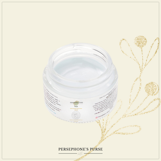 Jar of cream with 'Persephone's Purse' branding on a light background